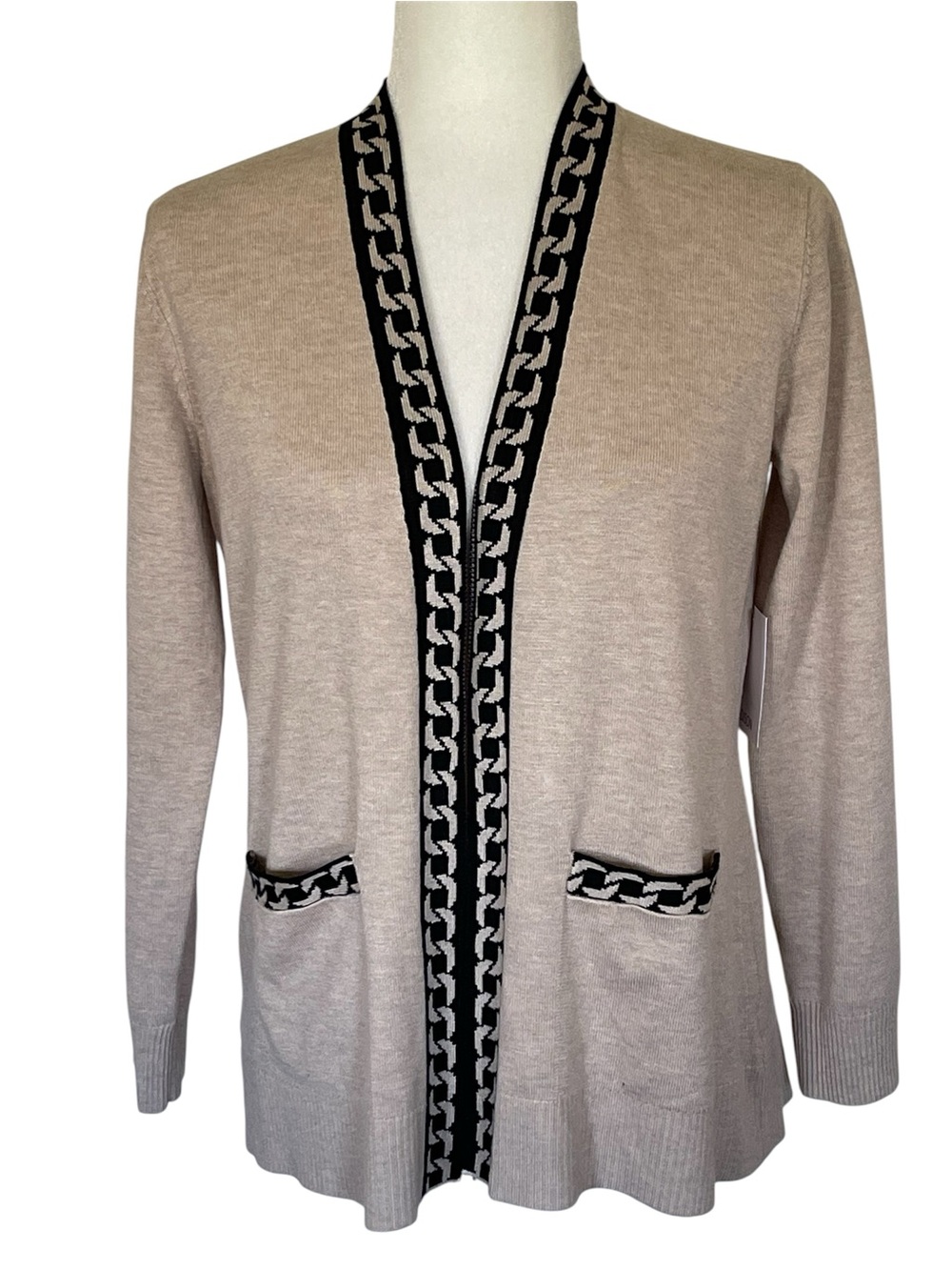 89th + Madison Tan Open Front Cardigan Sweater with Black Accents Minimalist